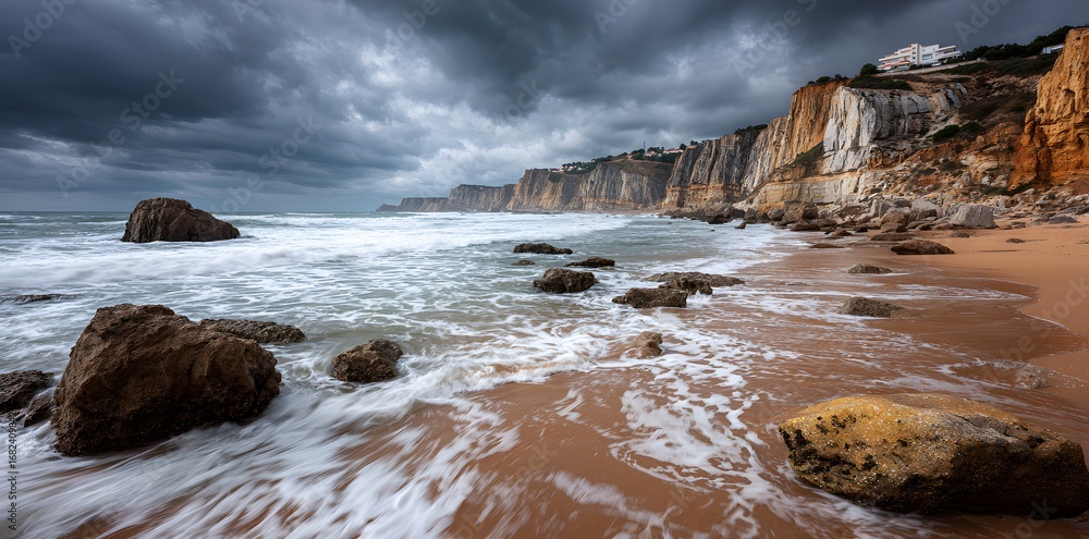 Fototapeta premium Dramatic Coastal Scene: Stormy Sky over Portuguese Cliffs and Sandy Beach