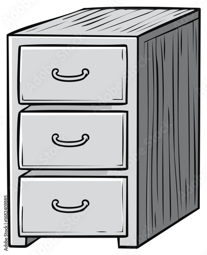 Gray three drawer office filing cabinet illustration for storage and organization