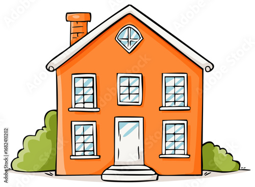 Cute Cartoon House with Shrubs Orange Building Facade with Windows Door Chimney Roof