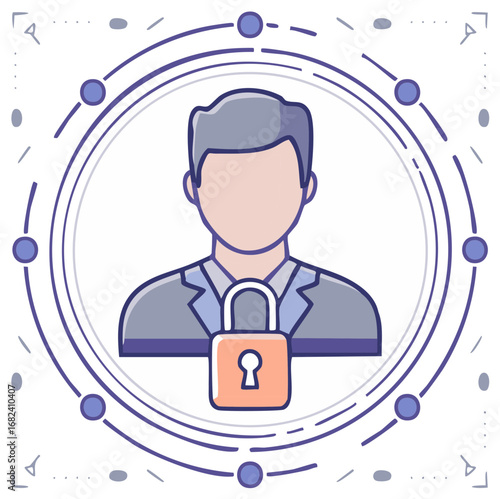 User account security icon with a male avatar and padlock for data privacy and protection