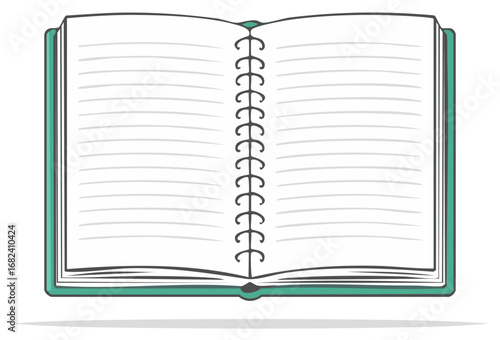 Open notebook with blank lined pages and spiral binding for writing or drawing notes