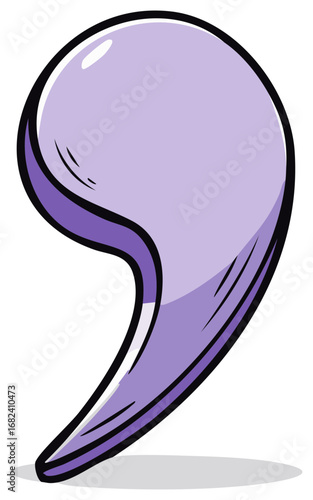 Bold purple comma punctuation symbol with a glossy finish and thick black outline in a comic style.