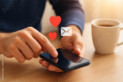 Man Using Smartphone with Heart Icons and Envelope, Digital Communication and Love Concept, Cozy Environment with Coffee Cup, Modern Lifestyle