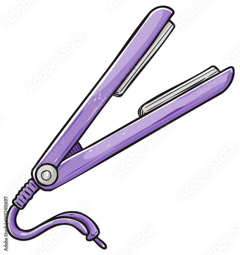 Cartoon illustration of a purple hair straightener on a white background