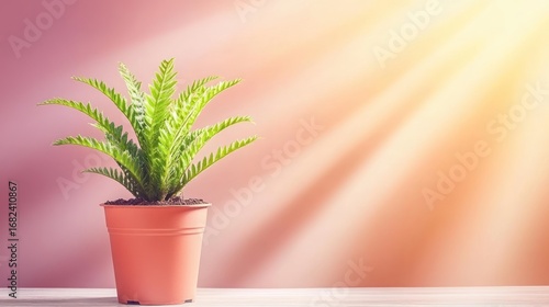 Sunlit fern in a terracotta pot radiates freshness and serenity on plain backdrop