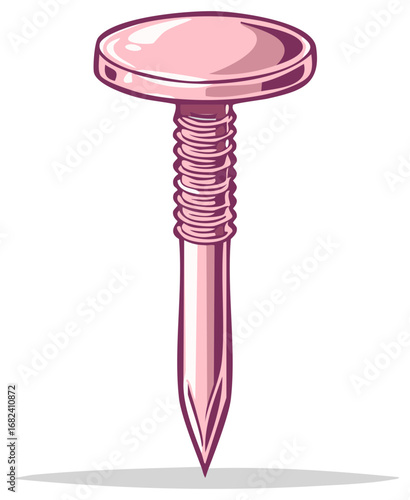 Illustration of a pink threaded nail with a rounded head and pointed tip