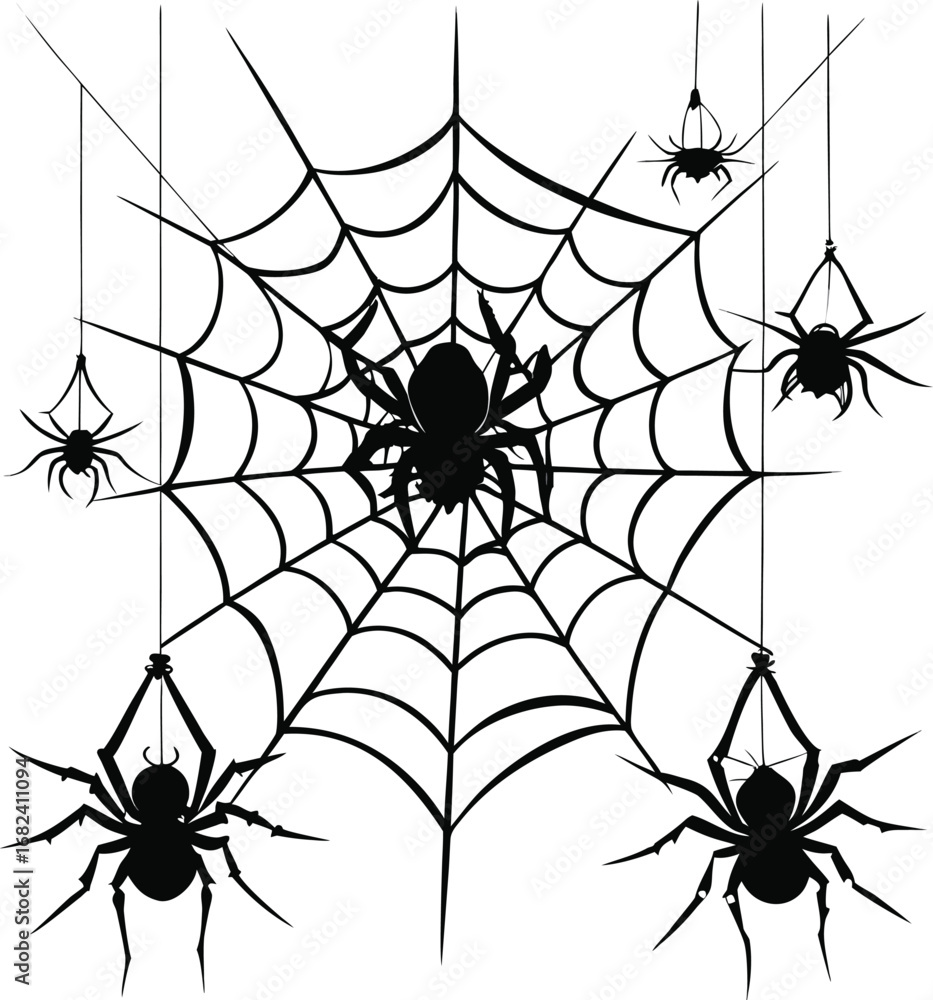 Spider web with intricate dangling spiders