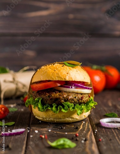 Delicious veggie burger on a wooden surface