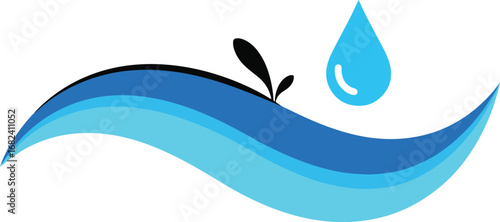 Vector icon of a blue water wave with a falling drop and a small sprout, representing a natural and pure eco concept
