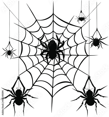 Spider web with intricate dangling spiders