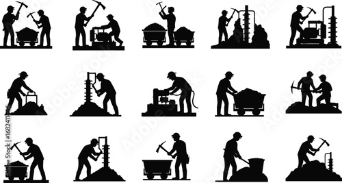 Mining worker silhouette, coal miner, construction worker, industrial labor, excavation tools, teamwork, underground work, mining cart, drilling machine, heavy industry