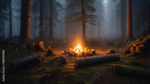 Campfire Glows Brightly in a Misty Forest, Creating a Warm and Inviting Scene