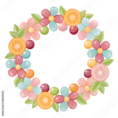 Colorful Floral Wreath with Citrus Slices and Candies isolated on a transparent background
