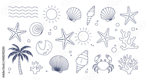 Marine life and beach elements doodle pattern waves