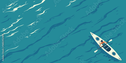 Person kayaking on a blue ocean with stylized waves