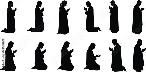 Praying silhouette, man and woman, kneeling prayer, religious devotion, spirituality, worship, meditation, faith, church figure, holy believer, religion