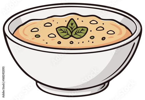 Cartoon illustration of a bowl of hot cream soup with basil and seeds garnish vector art