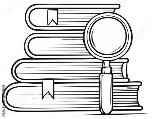 Magnifying glass and stack of books illustration research and knowledge