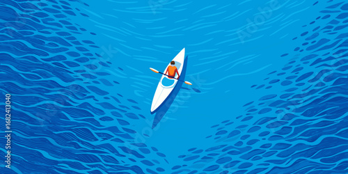 Lone kayaker navigating rippling blue waters