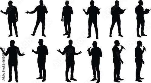 Public speaker silhouette, presentation, business talk, conference, lecture, communication, professional discussion, speech, training, seminar, man speaking, microphone