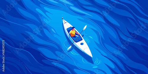 Person kayaking on a vibrant blue wavy ocean