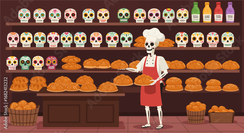 A delightful flat design illustration of a Mexican bakery, featuring a skeleton baker surrounded by decorative sugar skulls and traditional pan de muerto