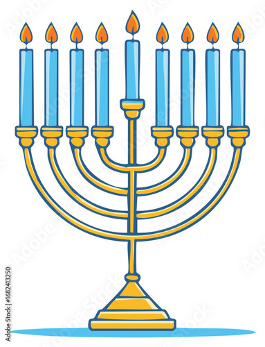 Festive Nine Arm Menorah with Burning Blue Candles and Golden Stand for Hanukkah Celebration