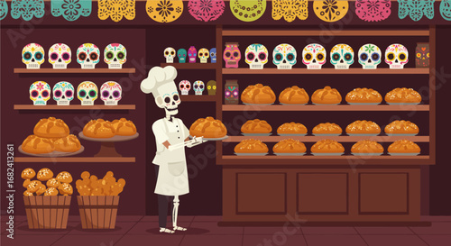 A delightful flat design illustration of a Mexican bakery, featuring a skeleton baker surrounded by decorative sugar skulls and traditional pan de muerto
