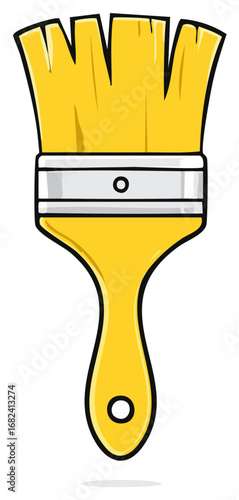 Yellow paint brush with a gray metal ferrule and black outline drawing
