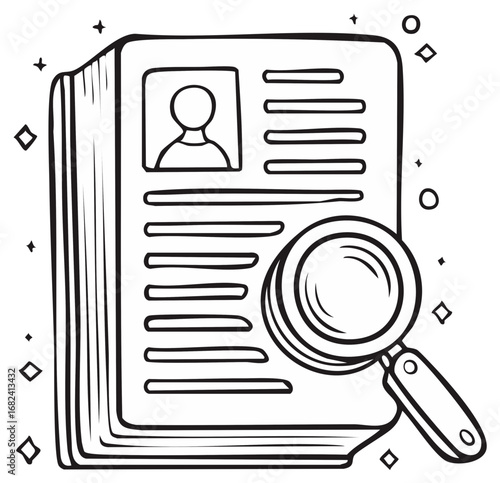 Magnifying glass reviewing a personal file or resume doodle for job search and recruitment