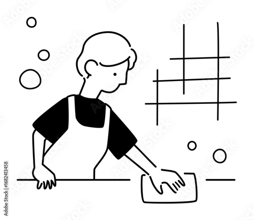 お風呂の掃除をする女性のイラスト　ベクター
