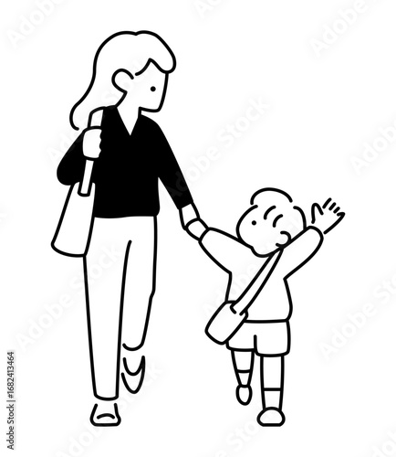 手を繋いで歩く親子のイラスト　ベクター
