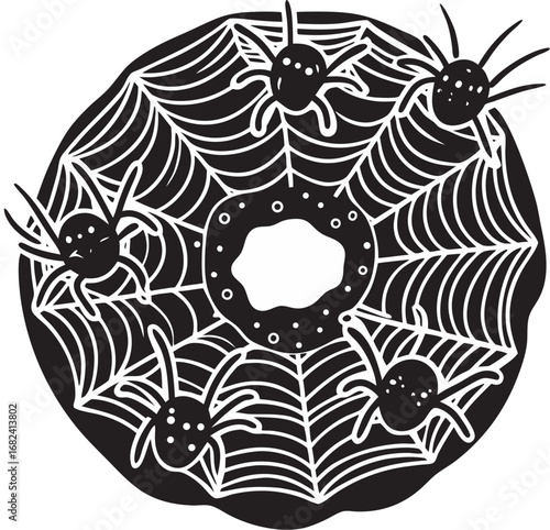 Black and white spider web with spiders and a donut hole