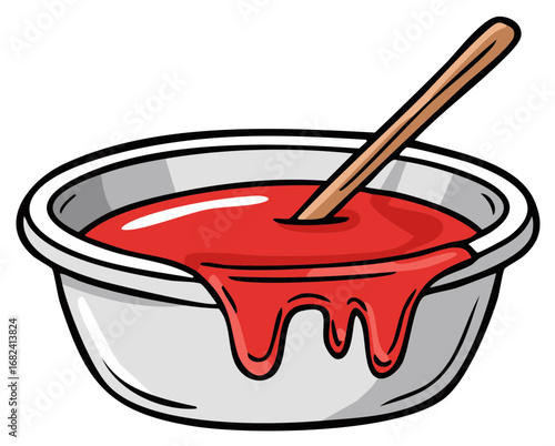 Cartoon bowl of red sauce with a wooden stirrer vector illustration