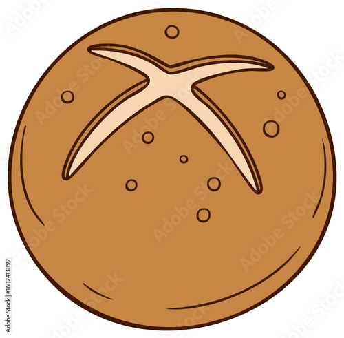 Illustration of a round bread roll, featuring cross cut design.