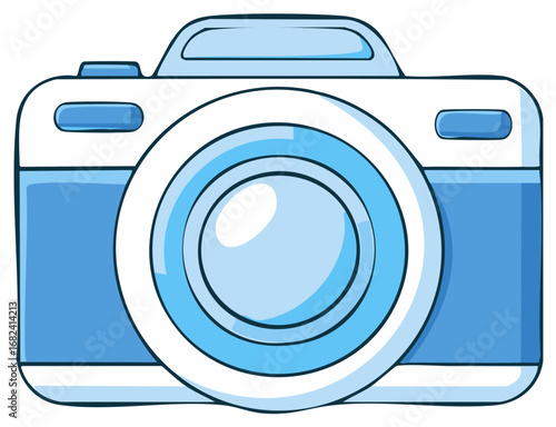 Illustration of a cartoonish blue camera with a white lens and buttons