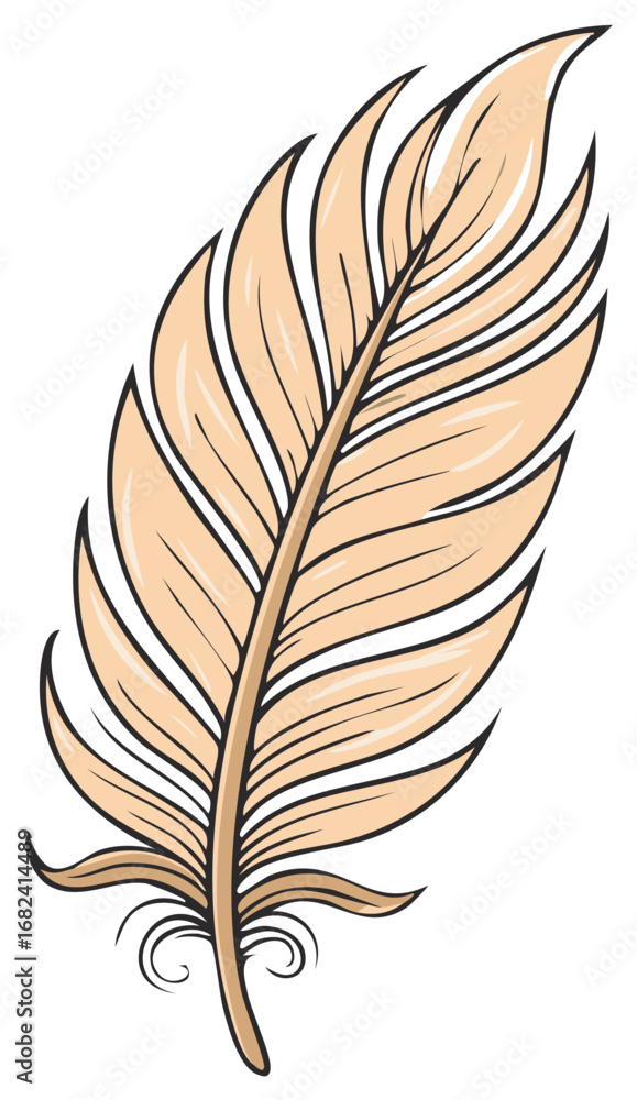 Fototapeta premium Stylized beige bird feather illustration with bold outlines and decorative quill