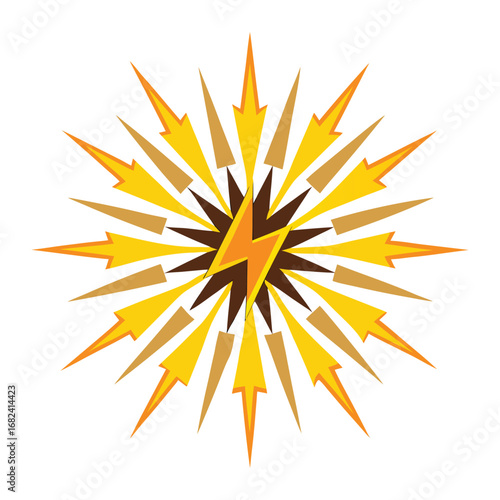 Sun rays expanding zigzag lightning bolts