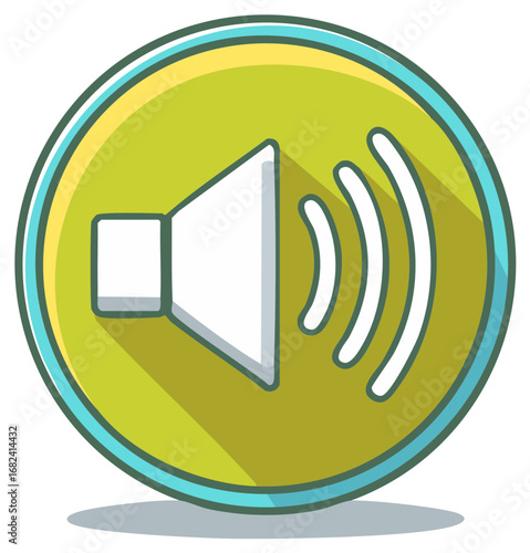 Yellow Cartoon Round Icon with Audio Volume Symbol Indicating Sound Waves and Loudness