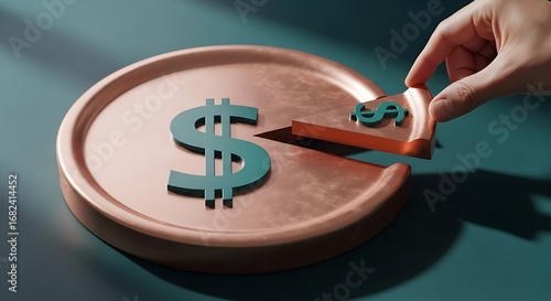 Representing financial pie chart concept featuring dollar sign and hand plucking piece