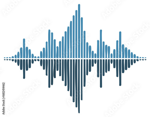 Hand drawn blue audio sound wave illustration with reflection. Stylized waveform frequency graphic for voice or music