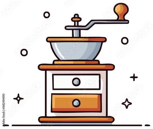Illustration of a vintage coffee grinder in a flat design style.