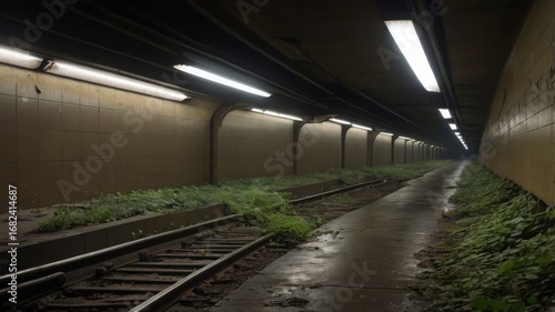 Overgrown Subway Tunnel with Fluorescent Lighting