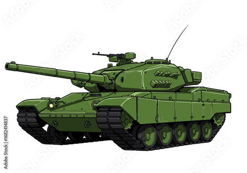Powerful green military tank with mounted machine gun and long barrel ready for action