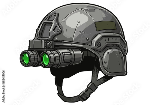 Tactical helmet with advanced night vision goggles ready for action, offering superior visibility.