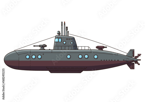 Powerful military submarine with turrets cruising stealthily beneath the waves