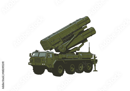 Powerful military rocket launcher vehicle ready for deployment with multiple missiles aimed skyward