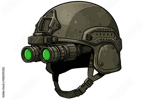 Tactical helmet with night vision goggles offering advanced visibility and protection for modern warfare