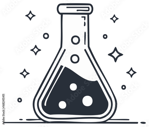 Laboratory conical flask sketch with liquid and bubbles for science or alchemy concepts
