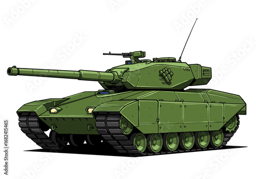 Powerful green military tank ready for action, featuring a prominent cannon and tracked wheels.